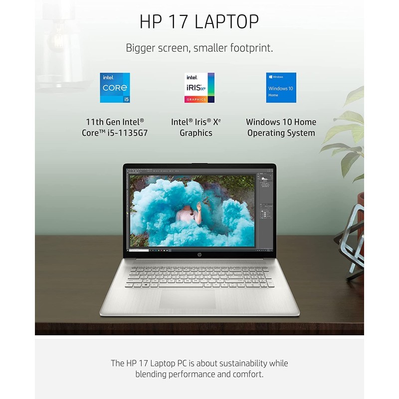 HP 惠普17 笔记本电脑、第 11 代Intel Core i5-1135G7、8 GB RAM、256 GB SSD 存储、17.3英寸 HD+ 显示屏、Windows10 Home、防眩光屏幕、长电池寿命、网络摄像头和双麦克风